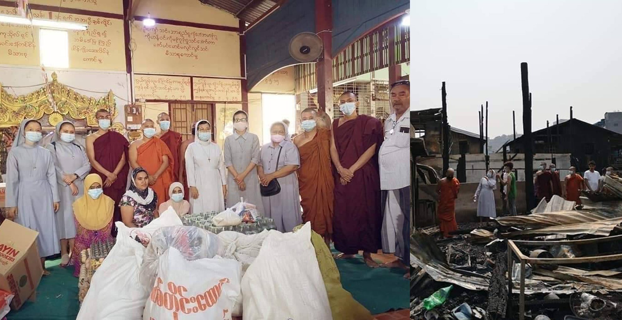 พระภิกษุสงฆ์พม่า-แม่ชีศาสนาคริสต์ “ร่วมช่วยเหลือชุมชนมุสลิม” หลังบ้านถูกเผากว่า 40 หลังคาเรือน